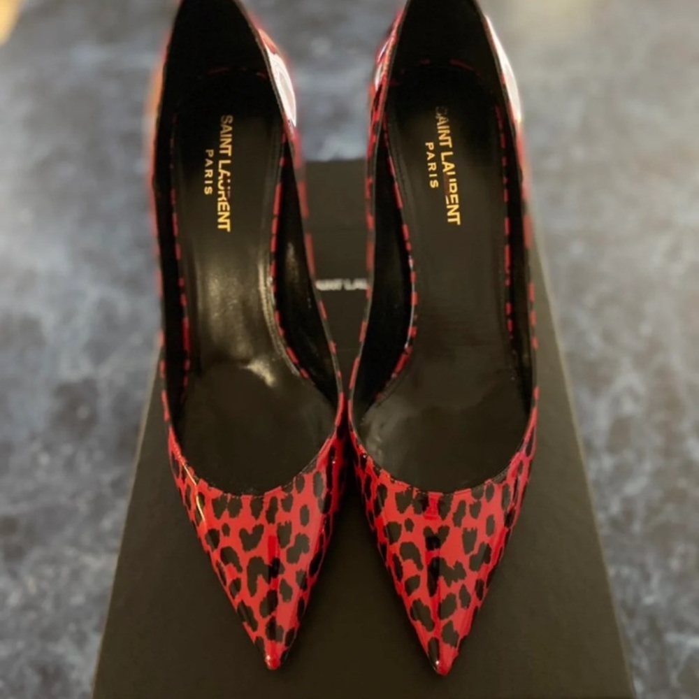Saint Laurent Red Leopard Print Patent Leather YSL red leopard heels